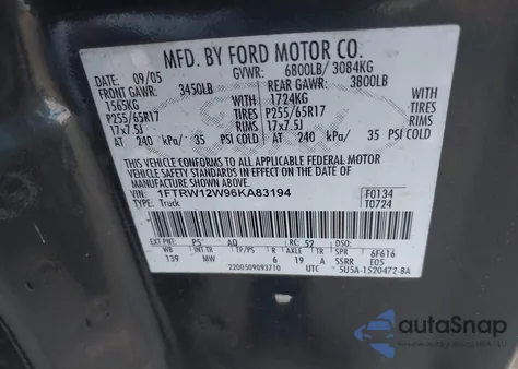 2006 Ford F-150 Xlt z USA, uszkodzony, nr VIN 1FTRW12W96KA83194